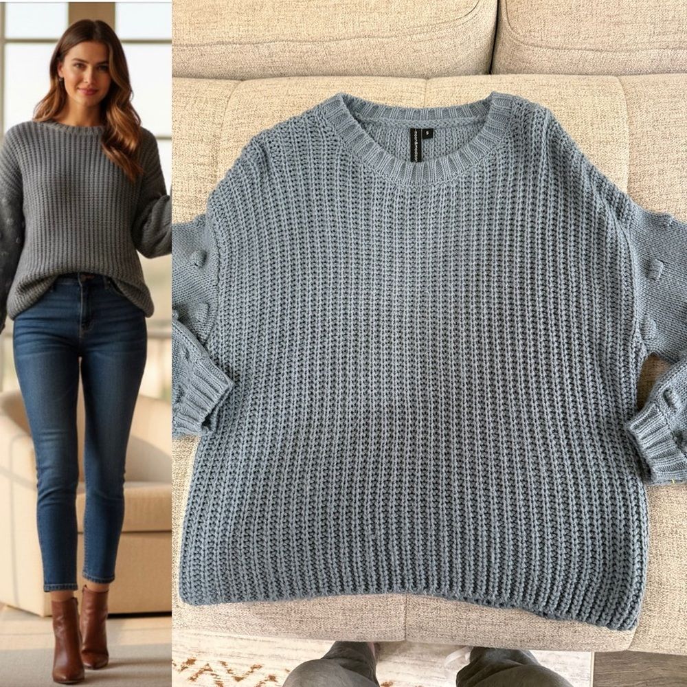 Moon & Madison Blue-Gray Chunky Knit Sweater Small Bobble Sleeve Pullover